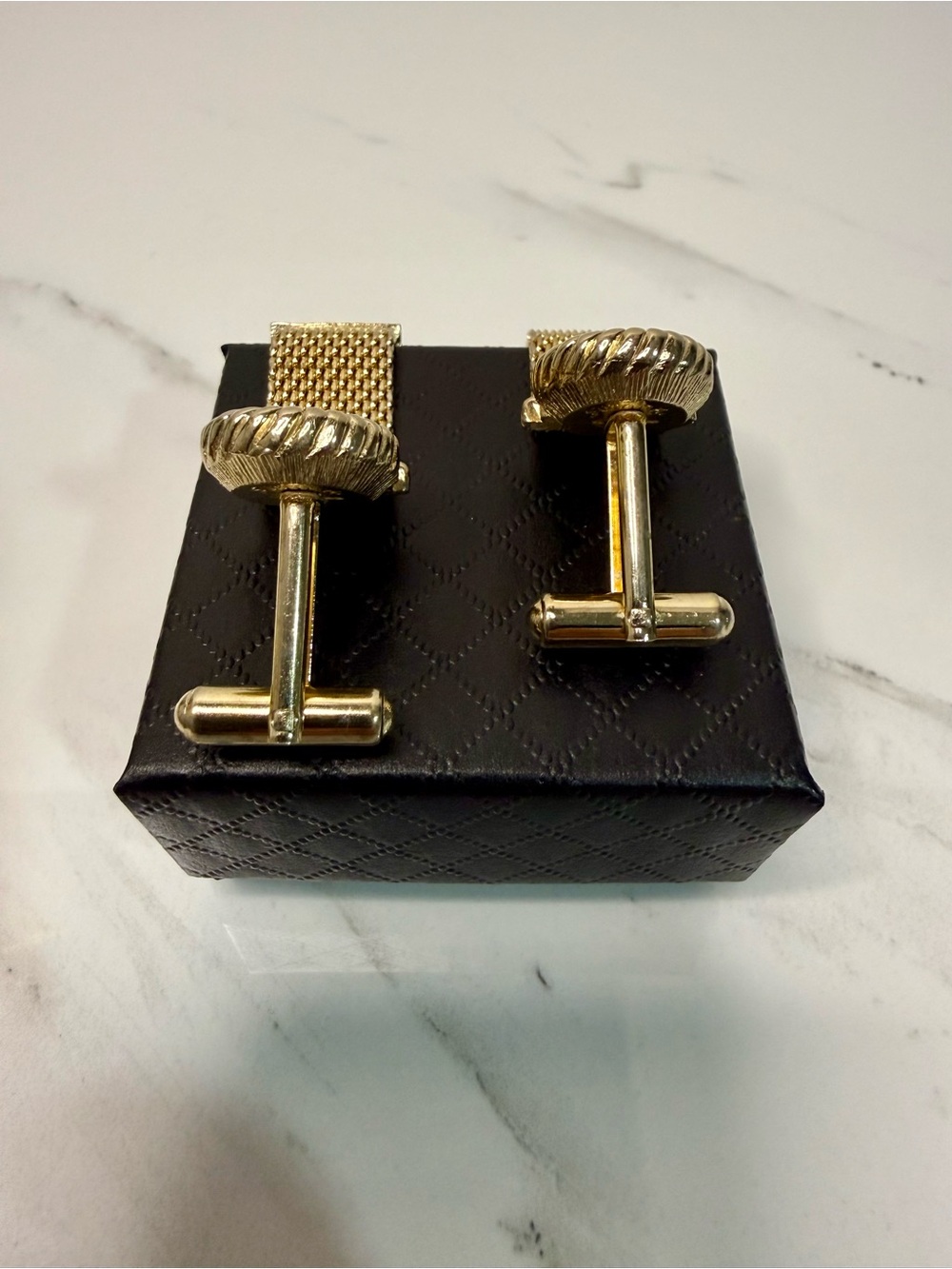 Gold Tone Mesh Cufflinks with Faceted Crystal Accent - Picture 3 of 10